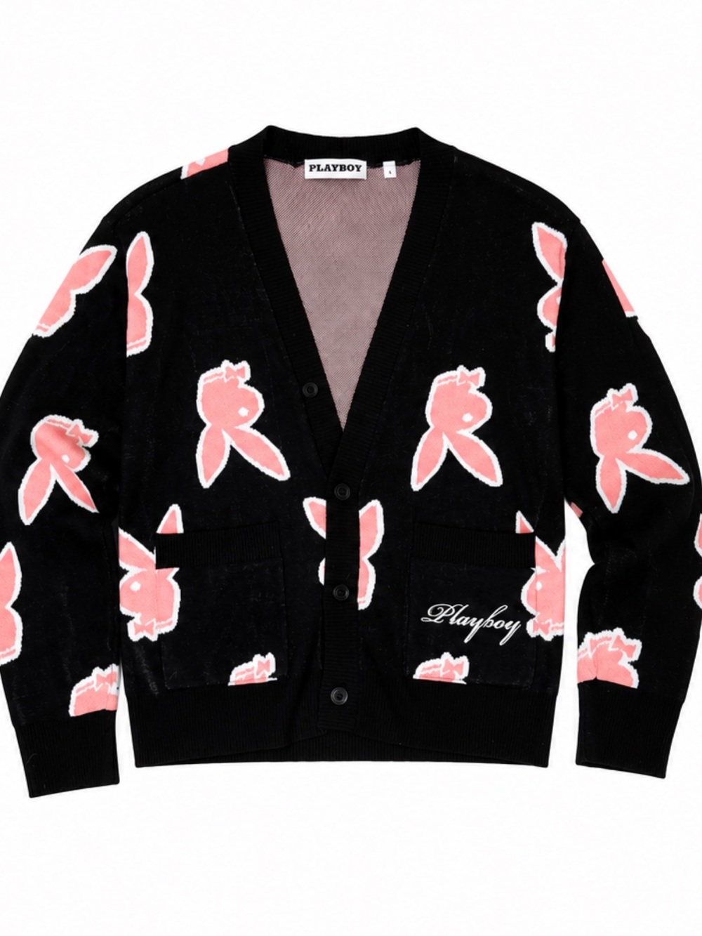 Men’s PLAYBOY Black Sweater Cardigan with Pink Bunny Pattern Button Front